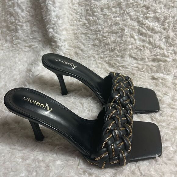 Vivianly Black slip on heels sandals with gold tone chain accent size 11 - Picture 2 of 9